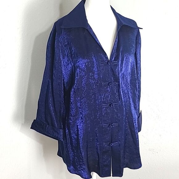 Sara Michelle Metallic Dark Blue Blouse, 5 Brandenburg Button Fasteners,Size 1X - Picture 2 of 7